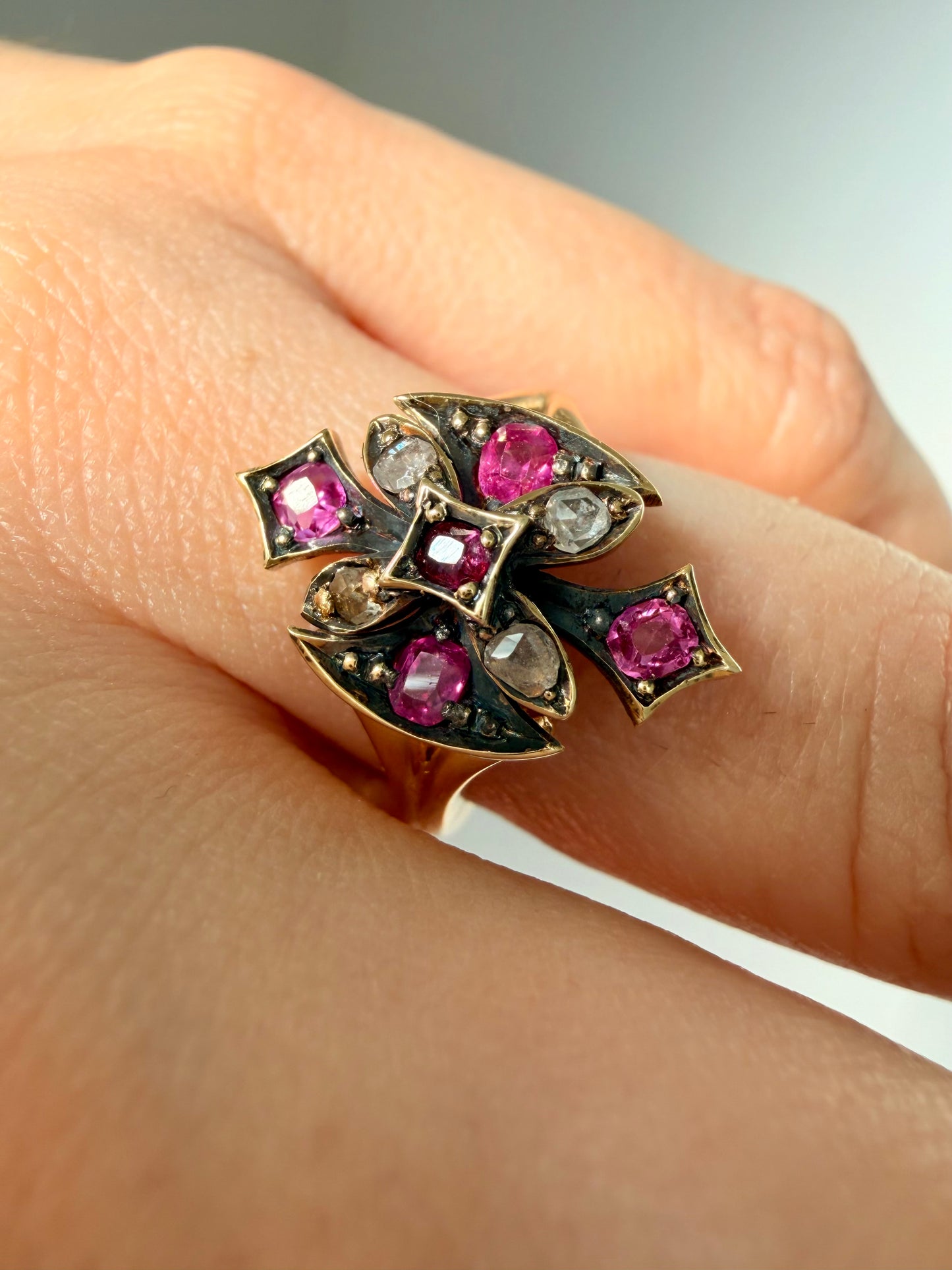 Antique 14K natural ruby and rose cut diamond axe ring, size 5.75