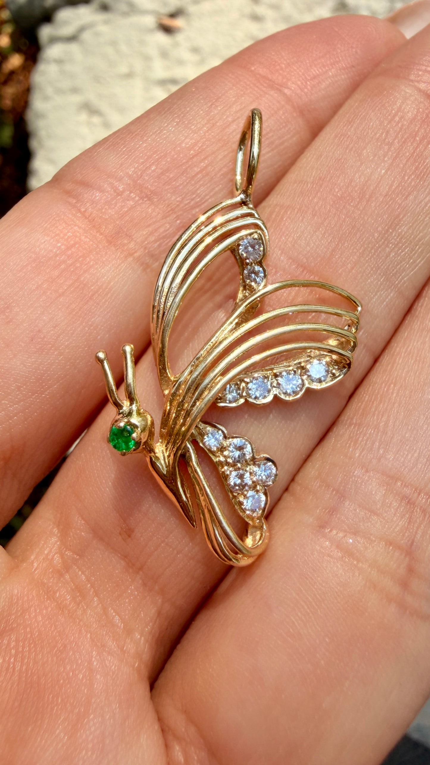 Vintage yellow 14K butterfly pendant with .2ctw diamond and emerald