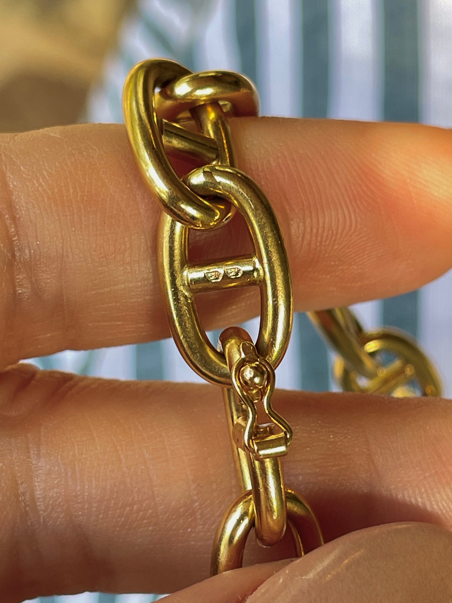 Vintage French yellow 18K gold round anchor link chain and bracelet set