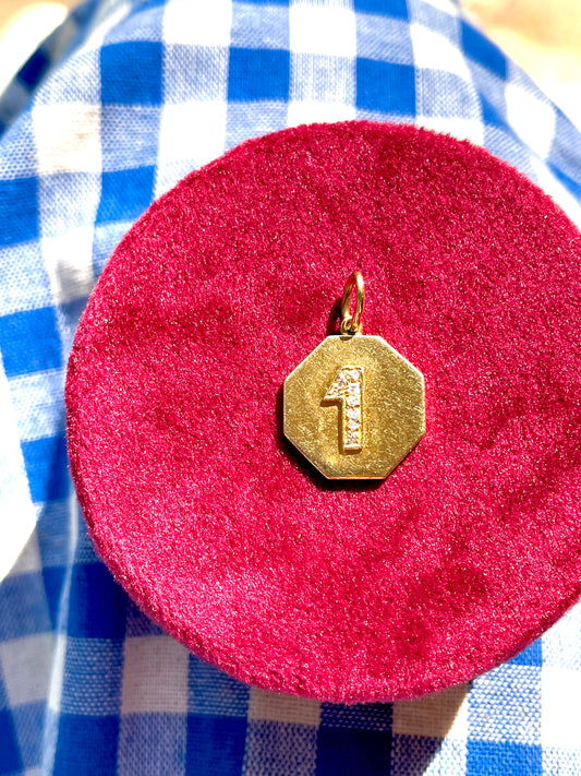 Vintage yellow 18K approx .04ctw diamond number 1 octagonal tag charm