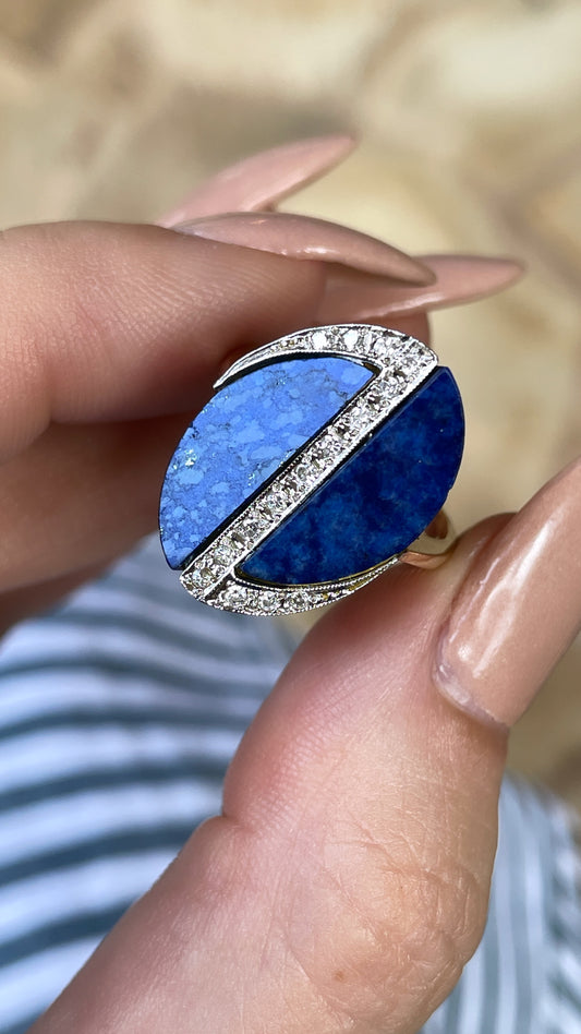 Vintage yellow 14K approx .14 ctw diamond lapis ring, size 7.5