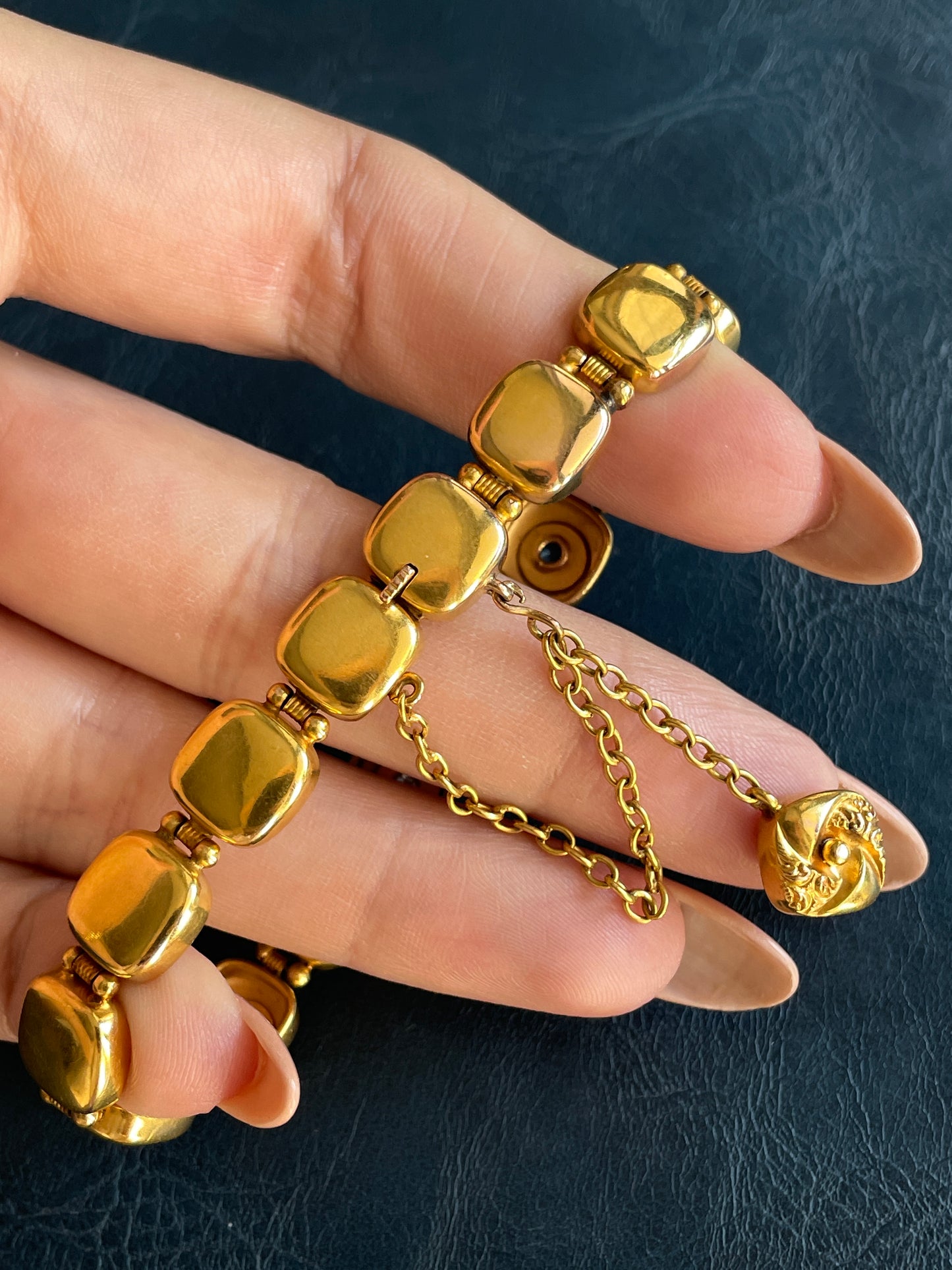 Antique yellow 14K Victorian old mine cut diamond, ruby and sapphire starburst bracelet, 6 and 5/8 inch