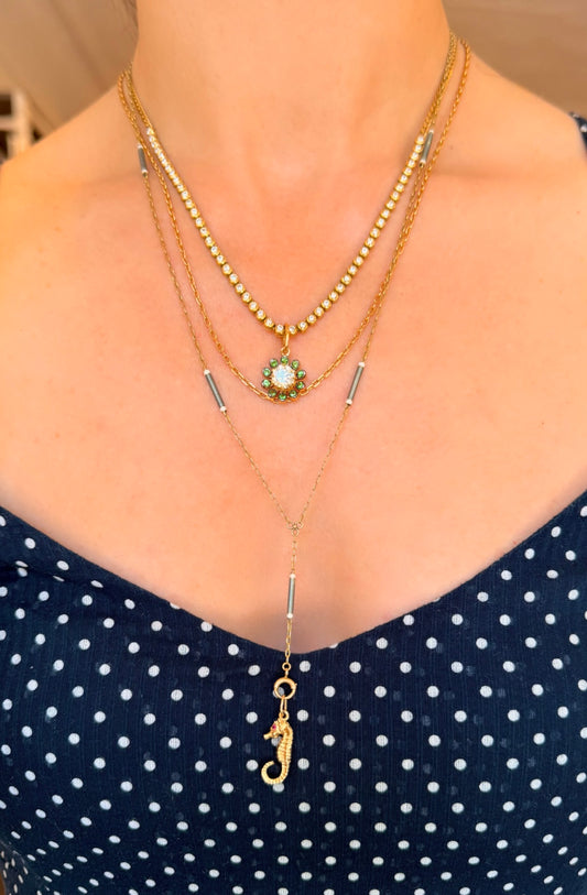 Antique yellow 14K gold grey and white enamel bar link chain with bolt drop, 21.5 inch