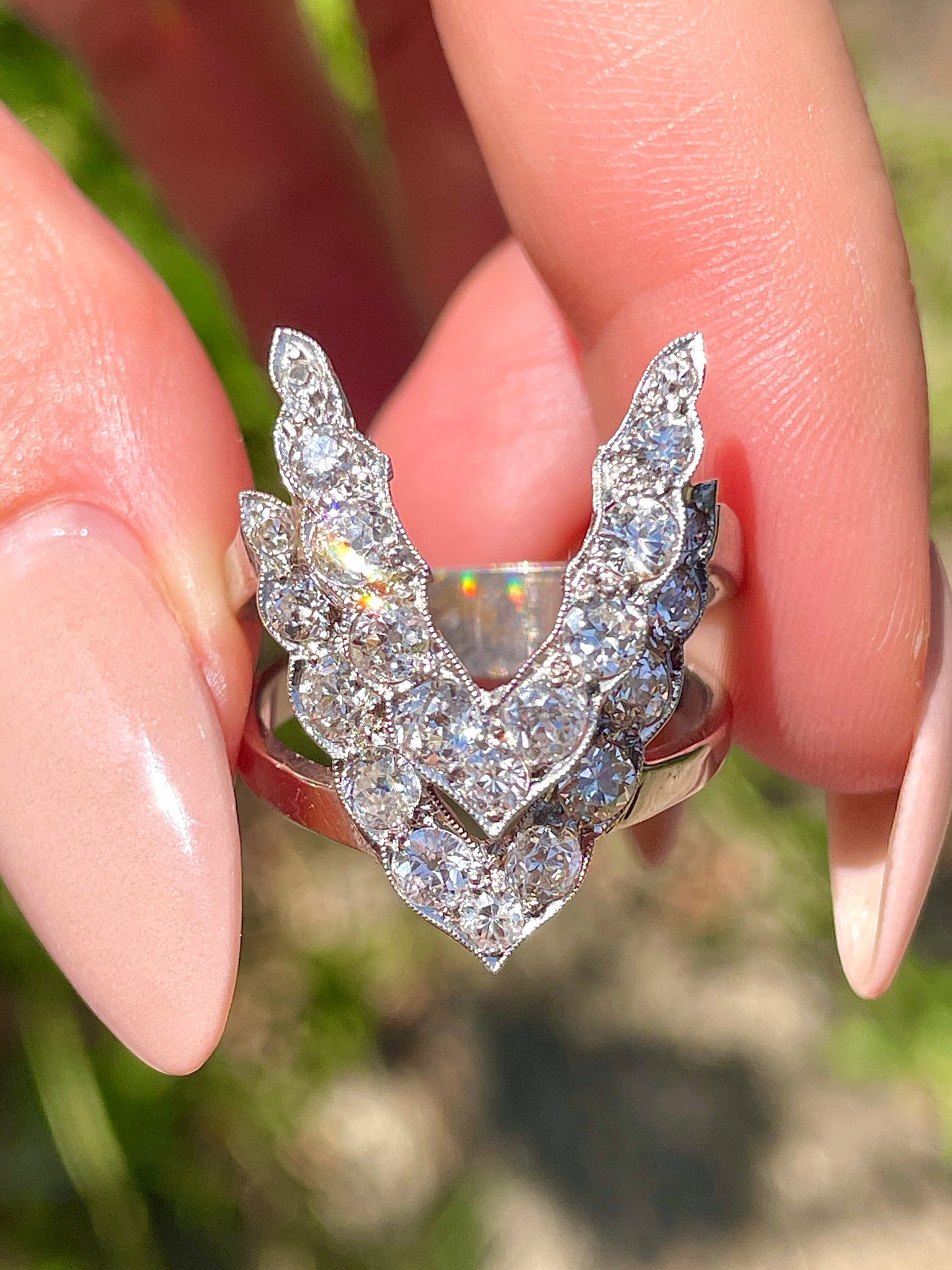 Vintage white 14K approx 2 ctw old mine cut and old european cut diamond double chevron ring, size 7