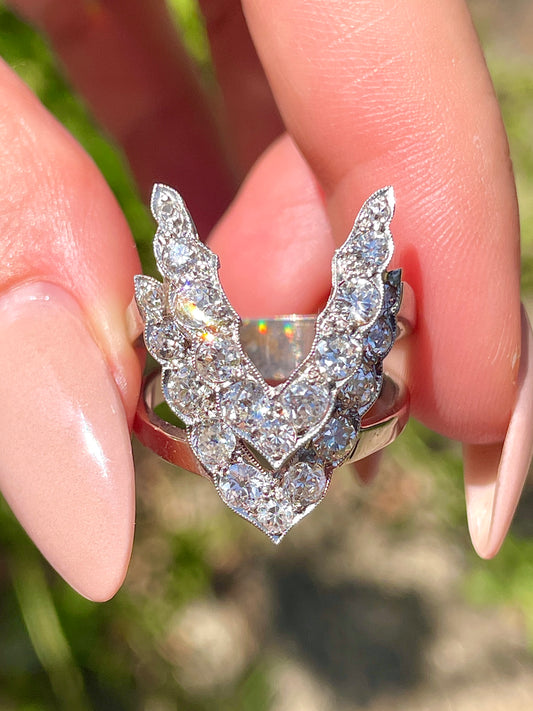 Vintage white 14K approx 2 ctw old mine cut and old european cut diamond double chevron ring, size 7