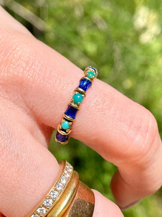 Vintage yellow 18K Tiffany blue enamel and turquoise eternity band, size 5.75