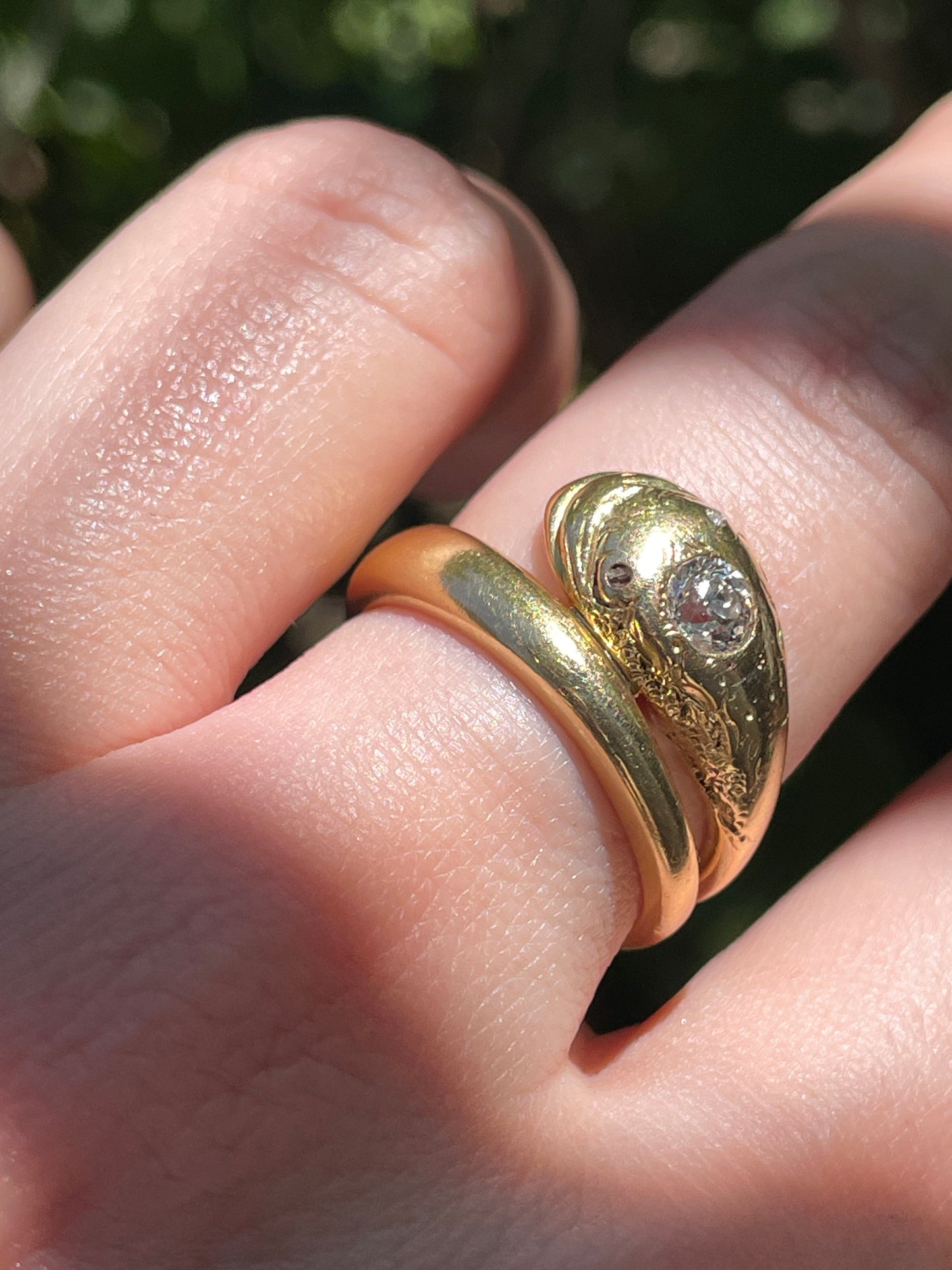 Antique yellow 18K happy face snake ring with approx .27 ctw old European cut diamond and rose cut diamond eyes, size 6.75-7