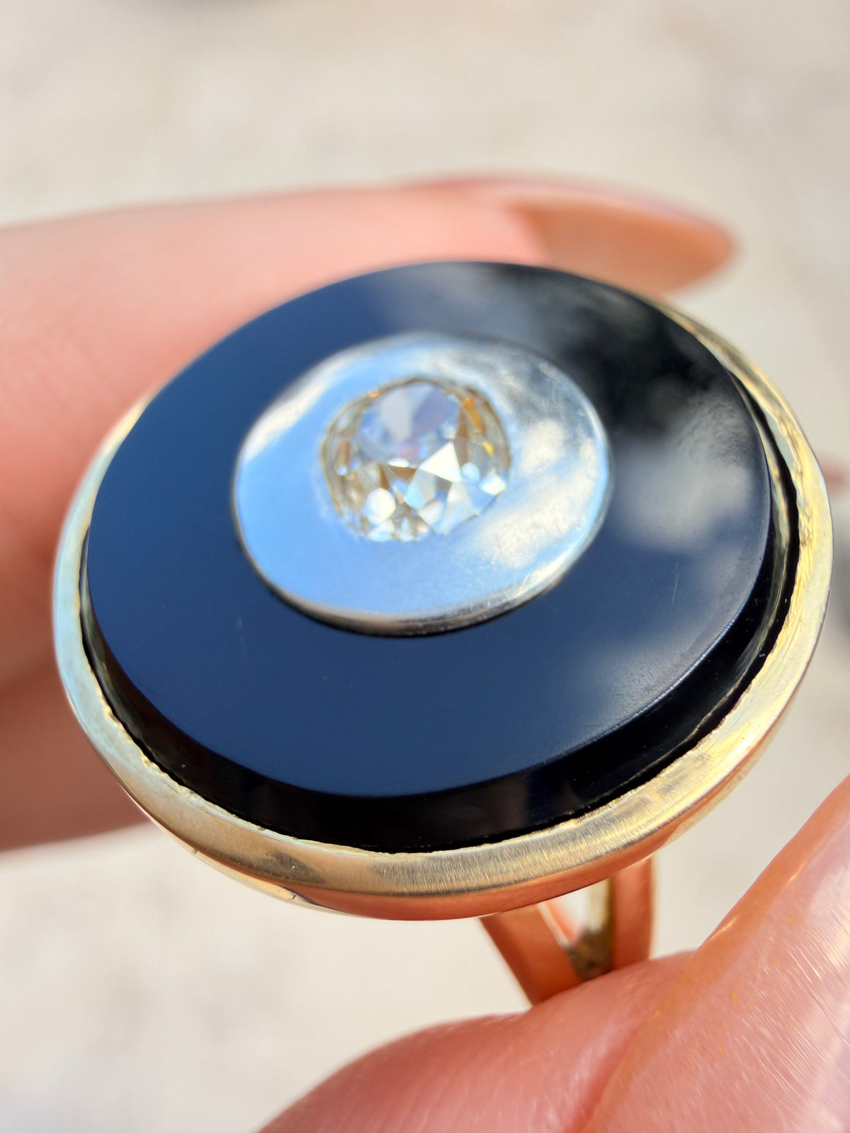 Vintage 18K onyx target ring with .5 ctw old mine cut diamond, size 7.25-7.5