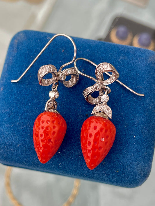 Vintage white 14K coral and diamond strawberry earrings