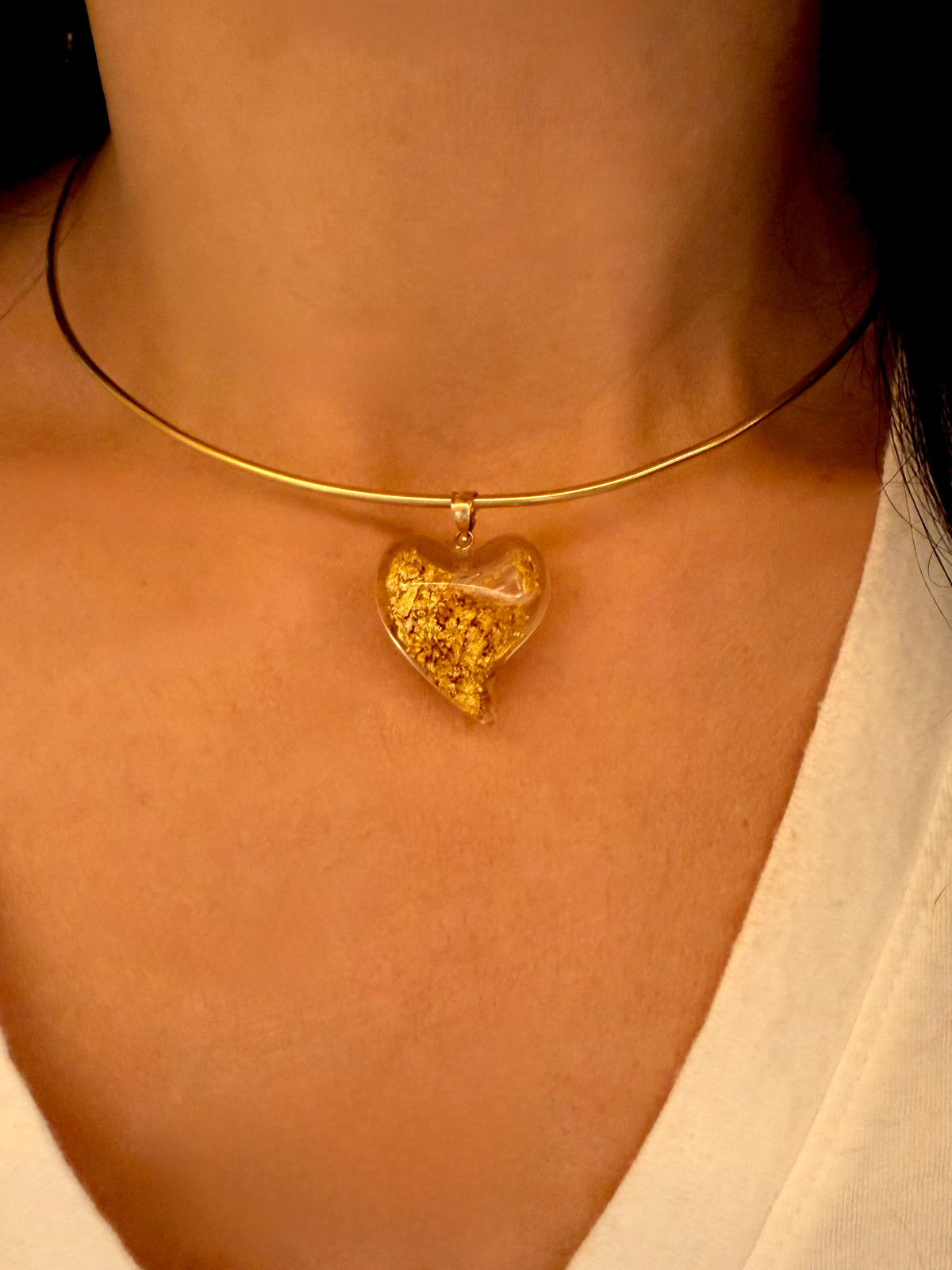 Vintage 14K pure gold flakes in oil heart pendant