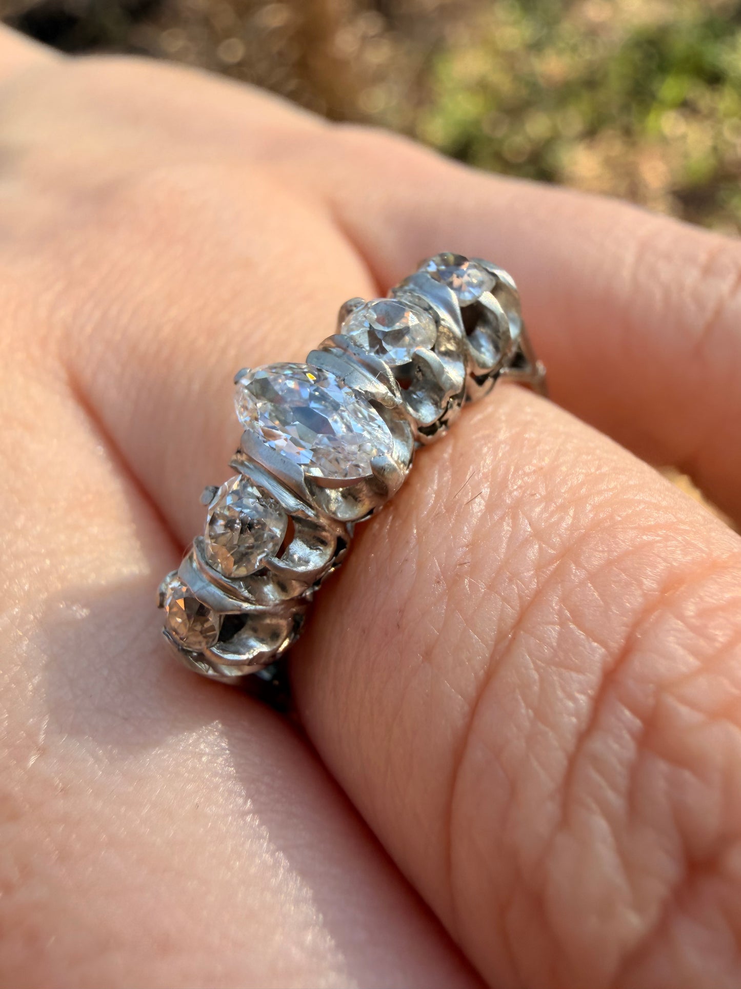 Antique platinum approx 1.1ctw moval diamond and old mine cut diamond 5 stone ring, size 5.5-5.75
