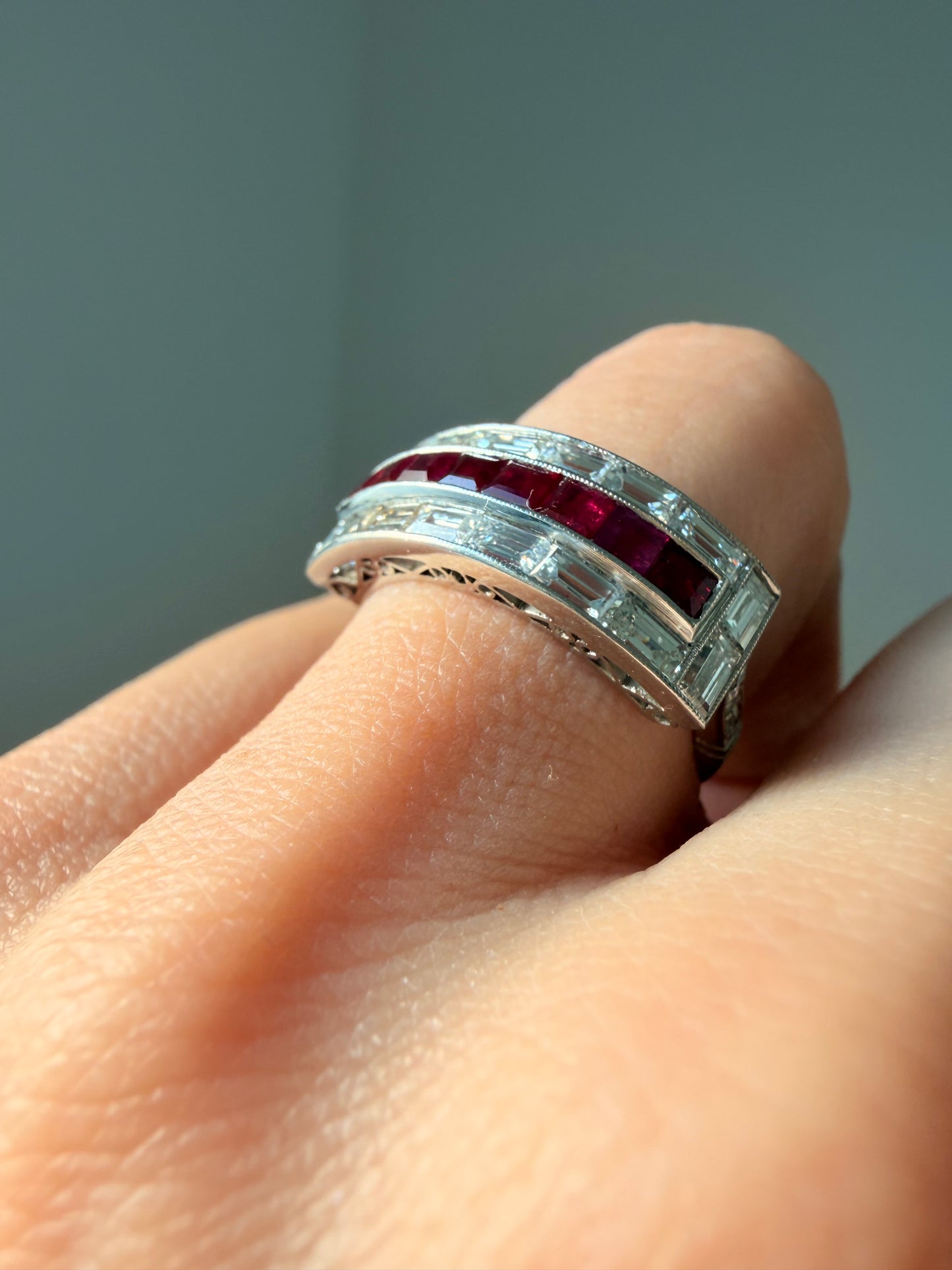Vintage platinum approx 1.7 ctw baguette diamond and 1.1 ctw ruby ring, size 6.5