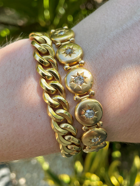 Antique yellow 10K Victorian approx 1.6 ctw old mine cut diamond starburst bracelet, 7 and 7/8 inch