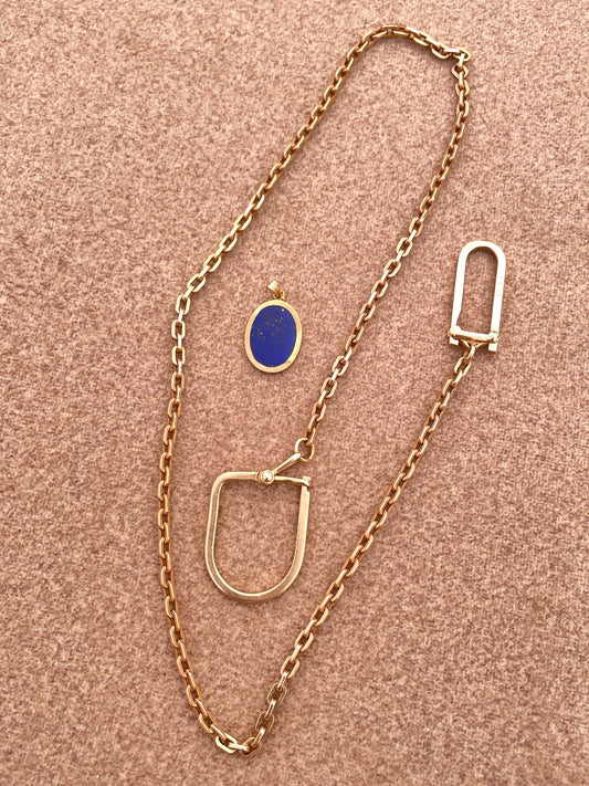 Antique solid rosy yellow 14K biker chain with 2 connectors and vintage gold lapis charm