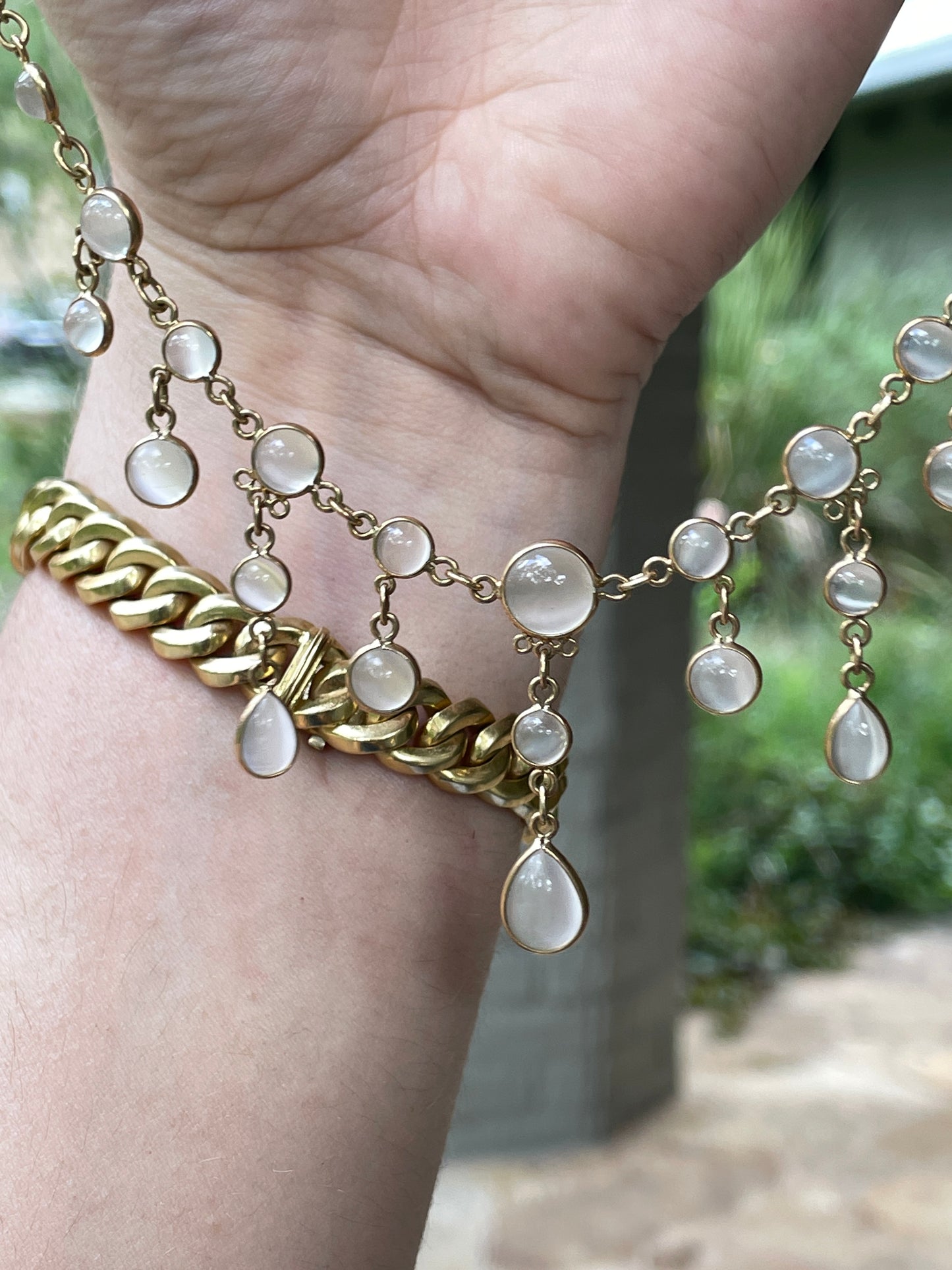 Antique Yellow 14K moonstone fringe bezel set necklace, 17.5 inch