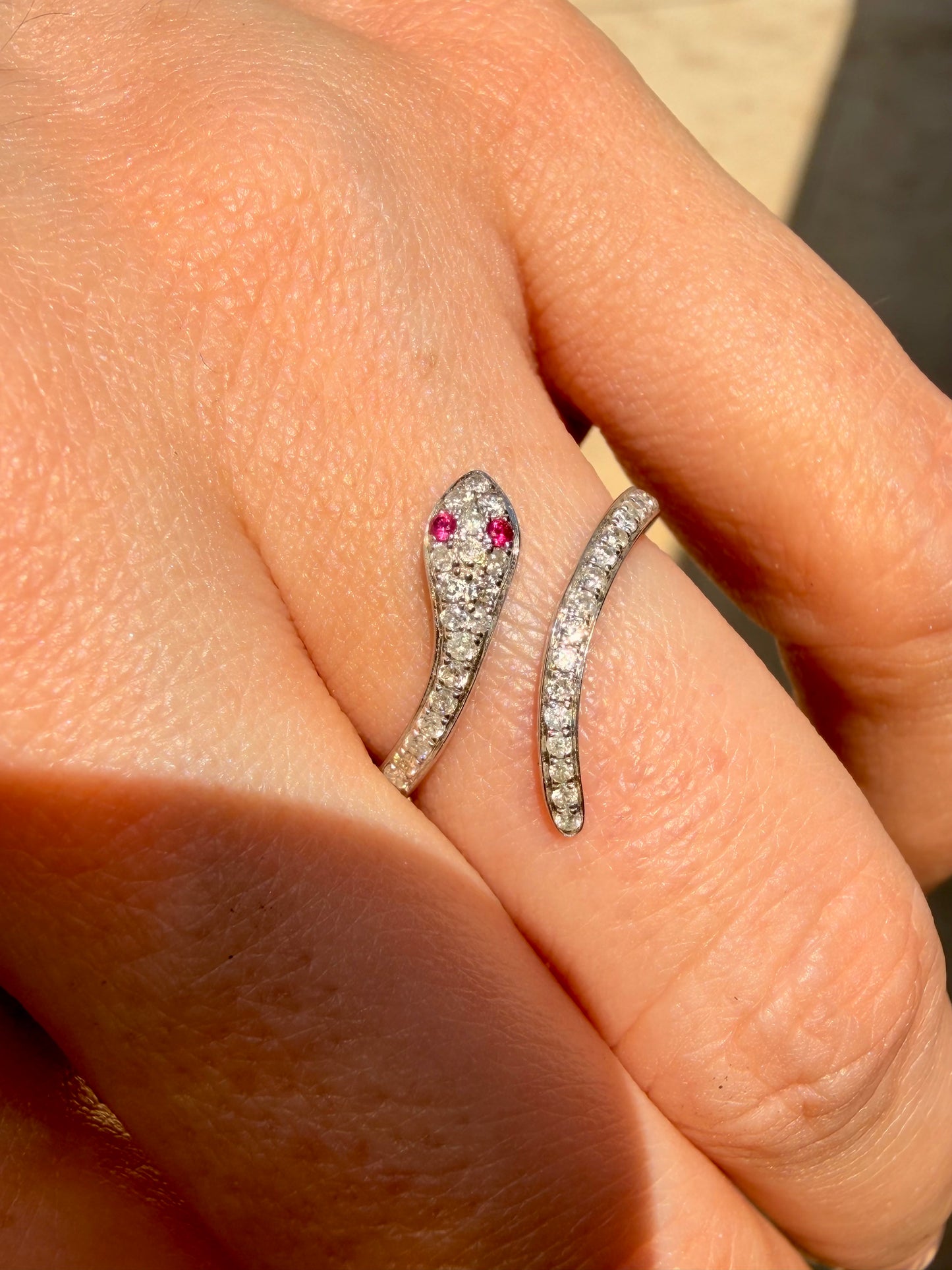 White 14K diamond and ruby snake ring, size 6.25