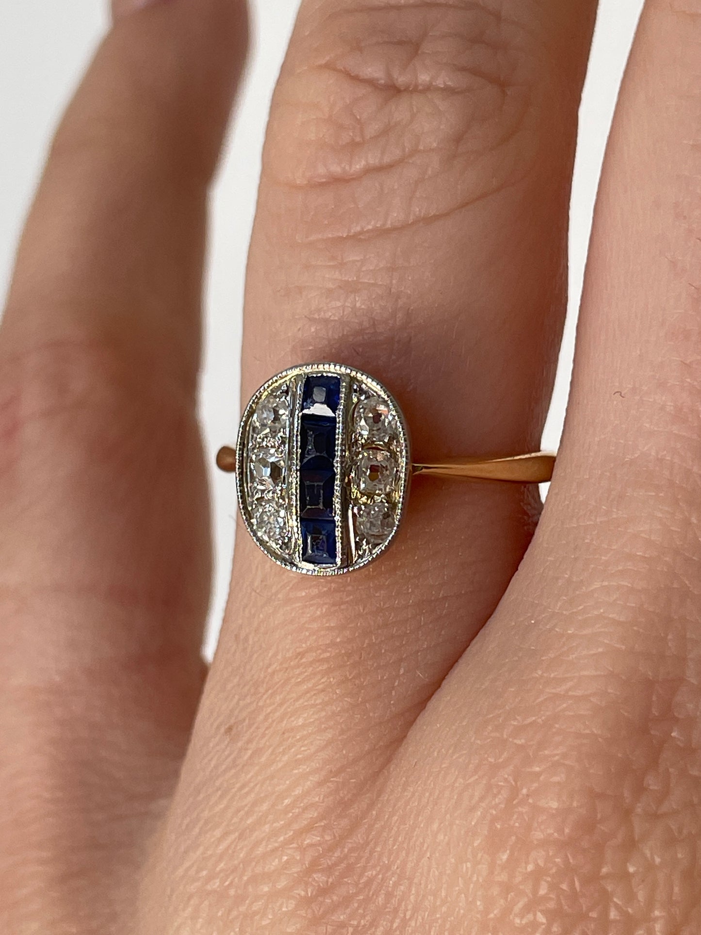 Antique yellow 14K and 18K approx .18 ctw old mine cut diamond and .2 ctw natural sapphire ring, size 6