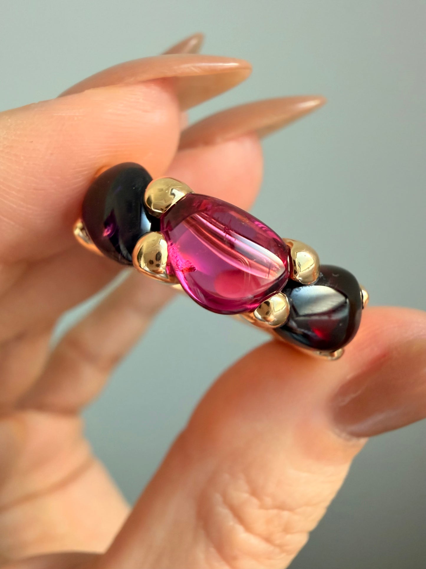 Vintage yellow 18K Pomellato 3 stone Sassi ring with Tourmaline, Amethyst and Garnet, size 6.5