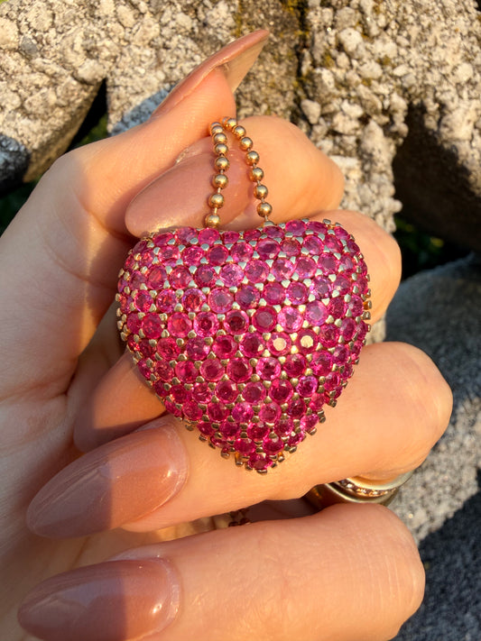 Vintage yellow 14K over 7ctw natural ruby heart pendant/brooch