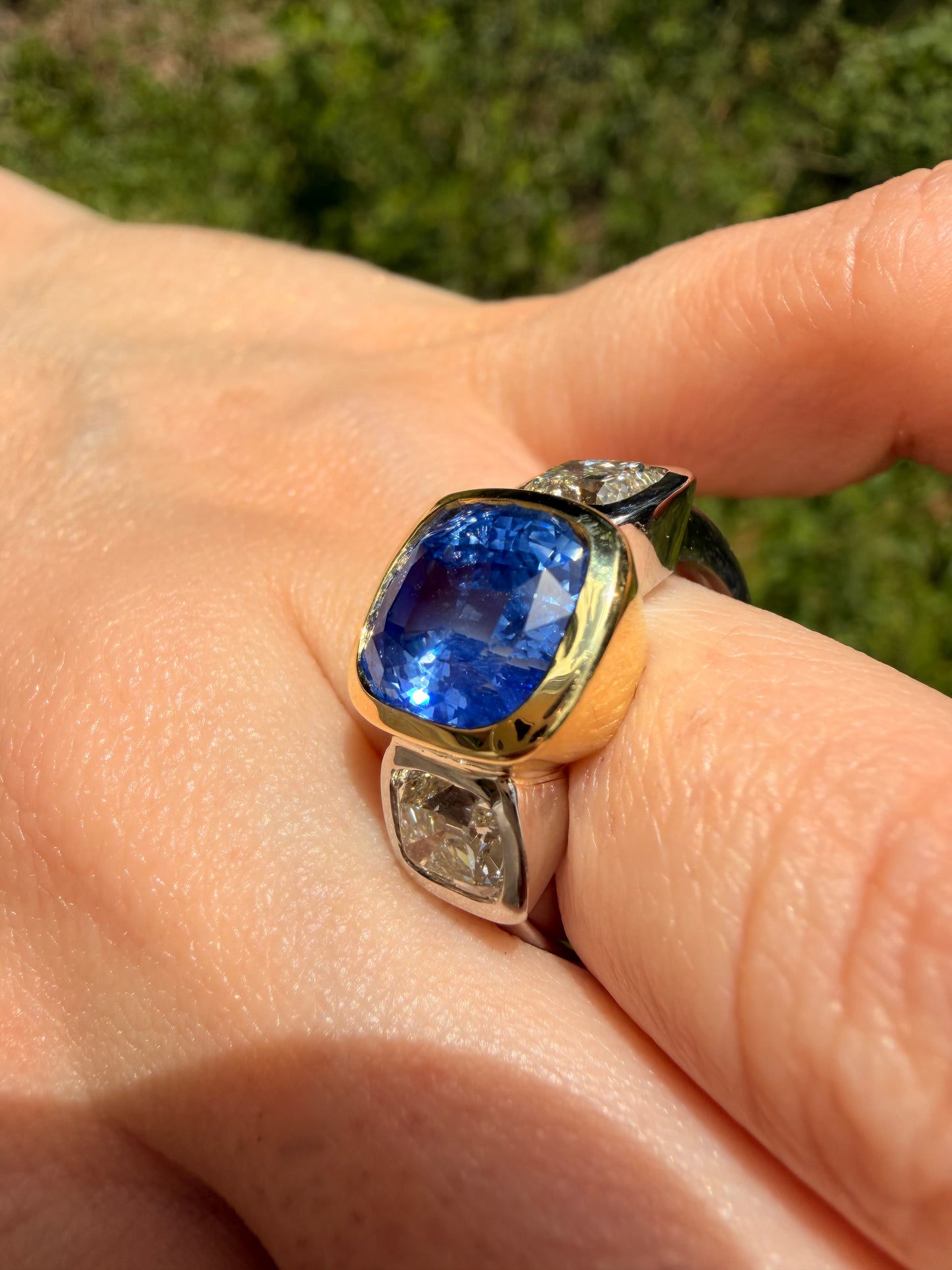 Vintage yellow 18K and platinum unheated over 5.6ctw GIA Ceylon Sapphire and 1.8ctw antique old mine cut cushion ring, size 7
