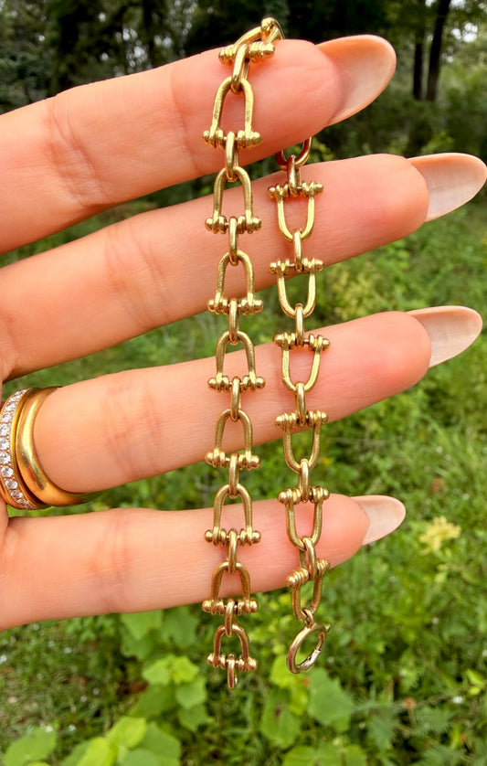 Vintage yellow 18K fancy link bracelet with 14K spring clasp, 7.75 inch