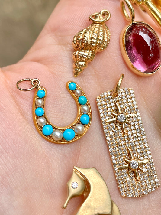 Antique yellow 18K turquoise and pearl horseshoe pendant