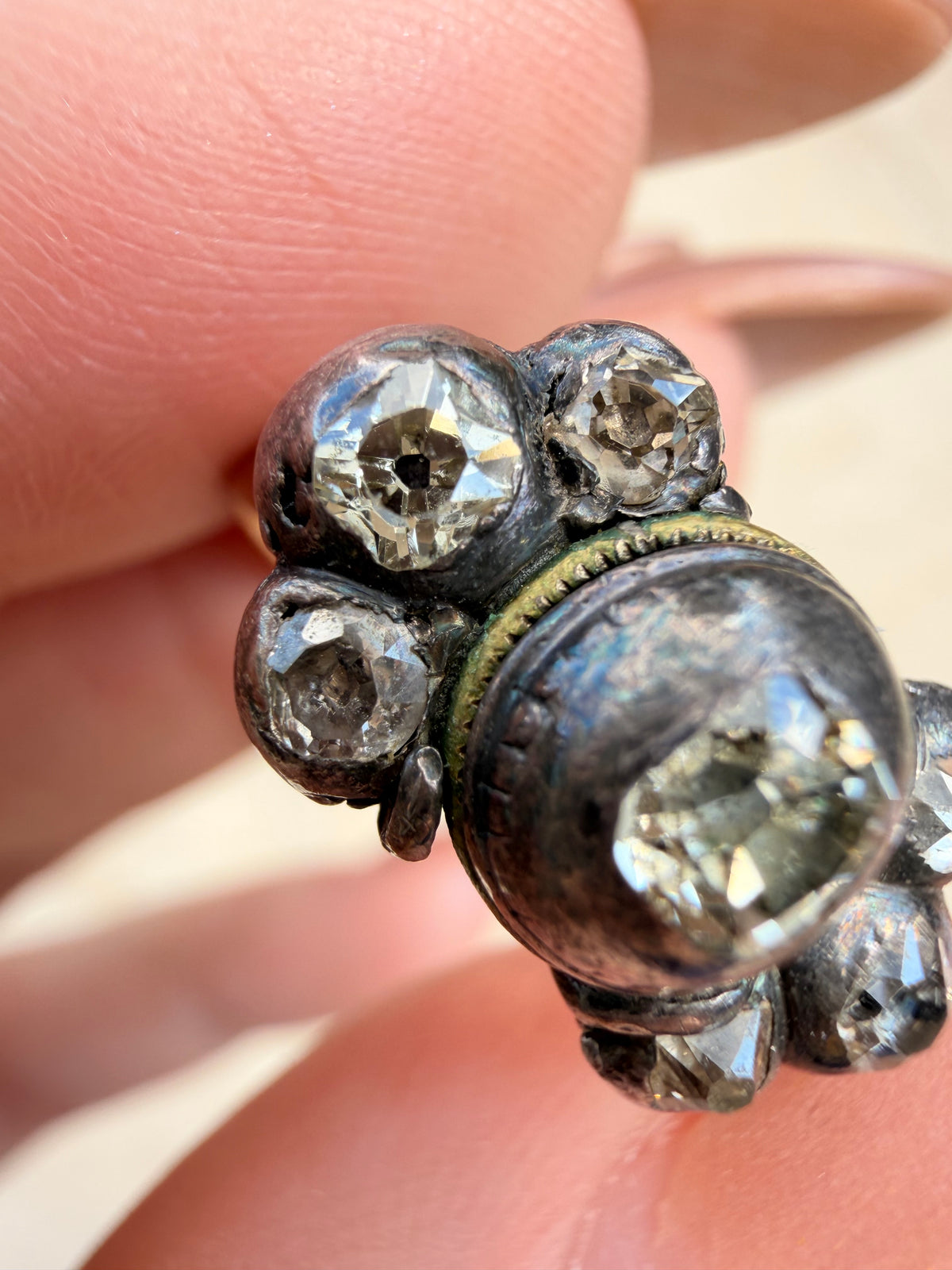 Antique early 1800s 14K and silver table cut and old cut diamond ring, size 5.25