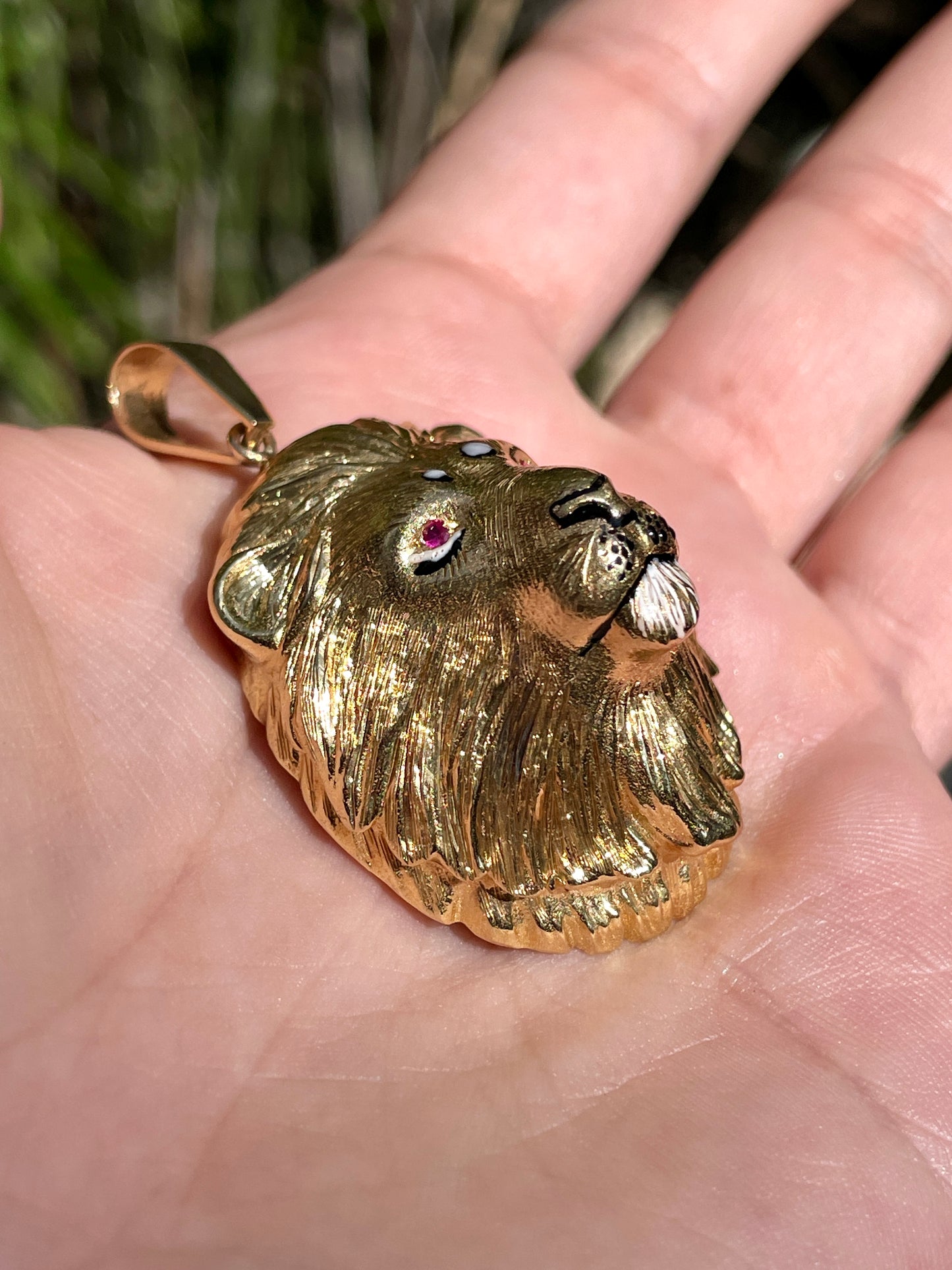 Vintage yellow 18K Lion statement pendant with enamel and ruby eyes