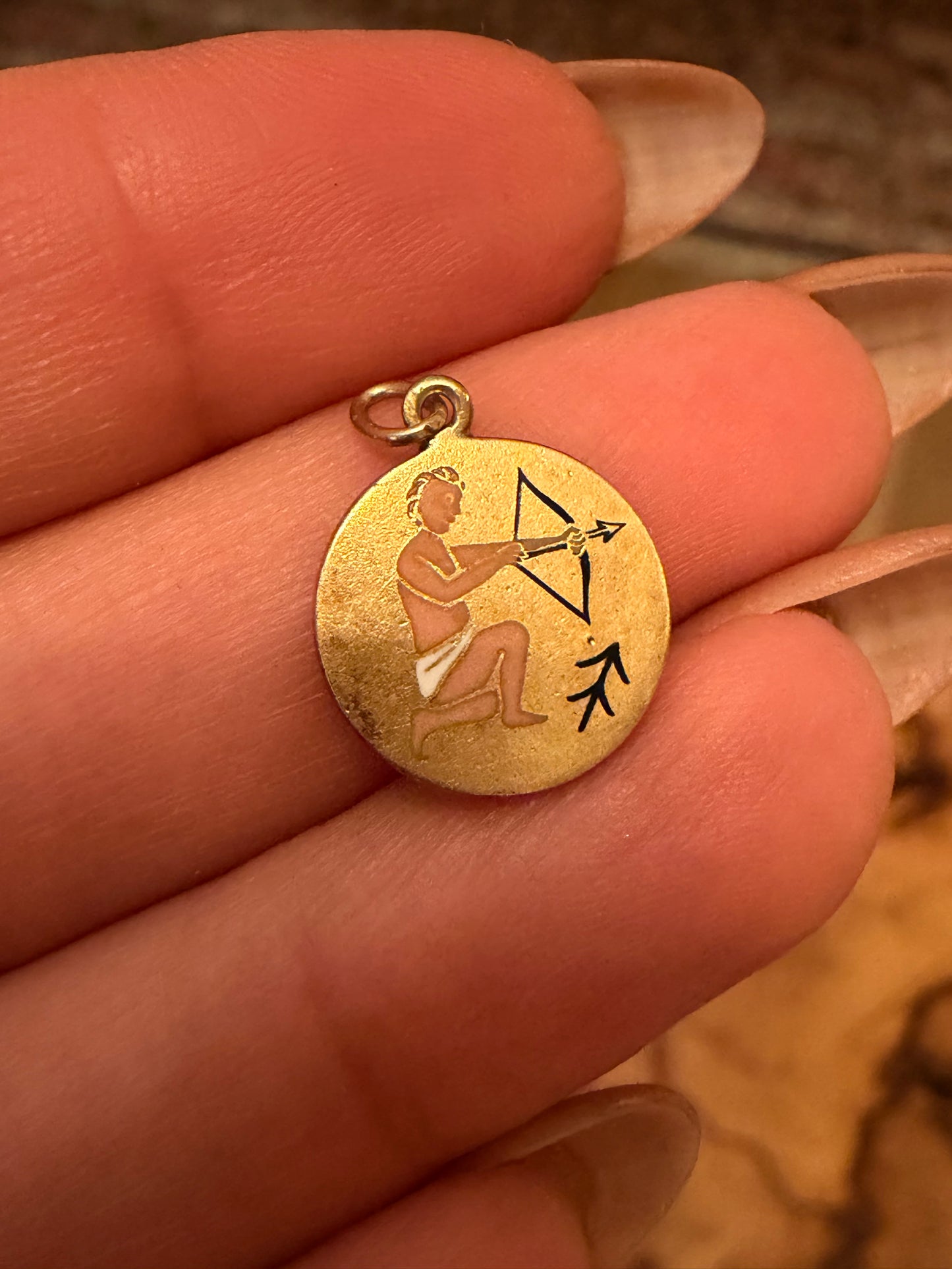Vintage yellow 14K Sagittarius enamel disc pendant