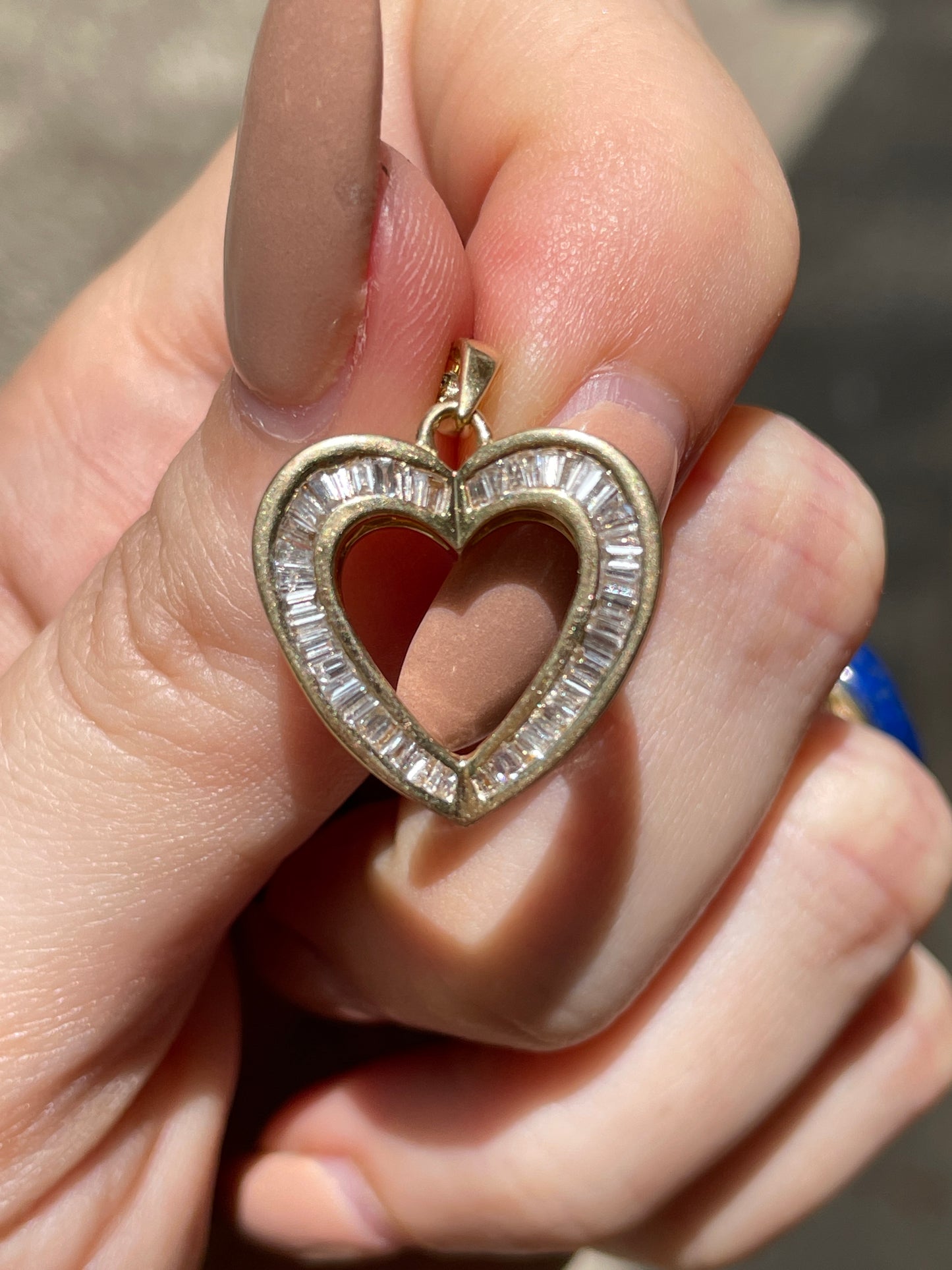 Vintage yellow 14K approx .7 ctw diamond baguette heart pendant