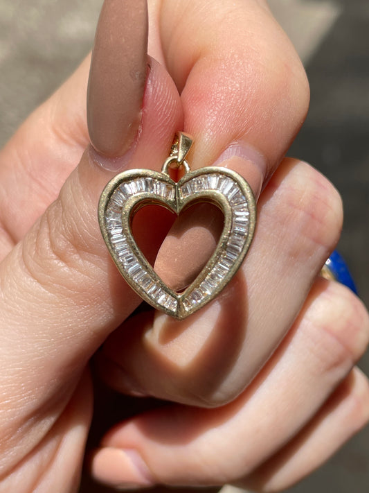 Vintage yellow 14K approx .7 ctw diamond baguette heart pendant