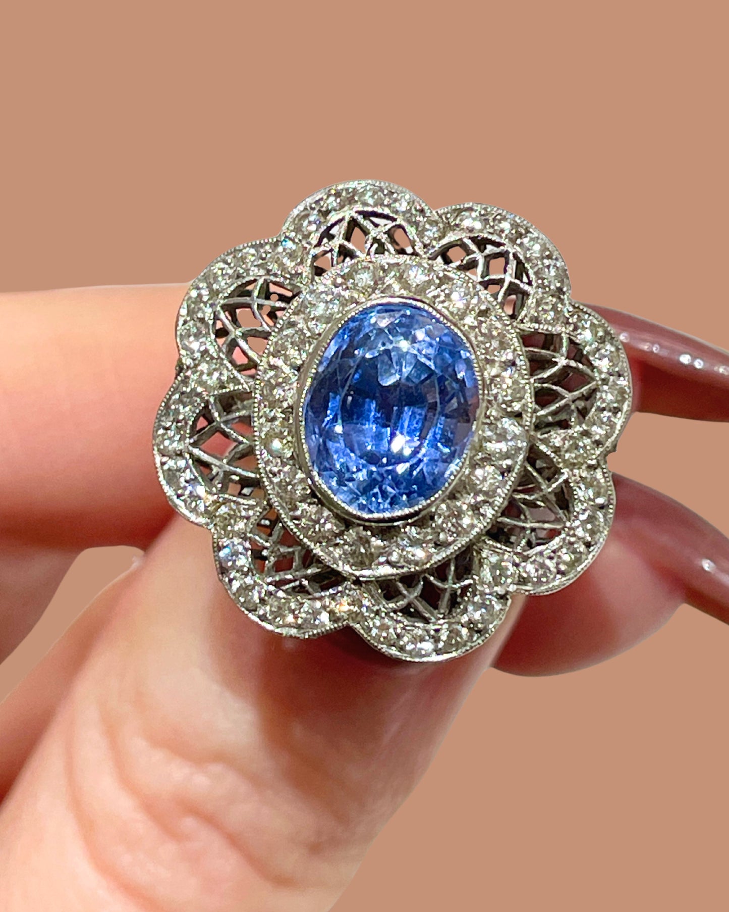 Vintage platinum approx 3.5 ctw natural sapphire and .8 ctw diamond statement ring, size 7-7.25