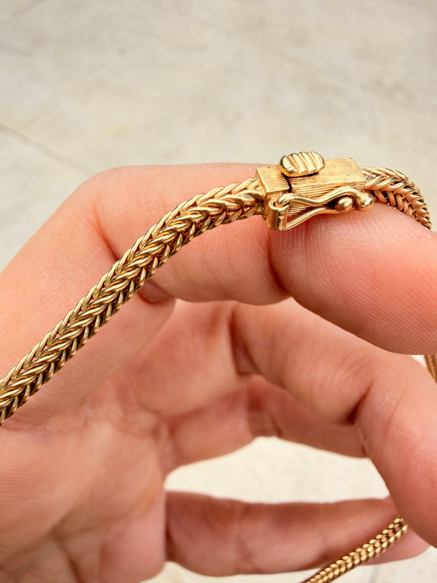 Vintage yellow 14K emerald and diamond chevron woven chain, 16 inch