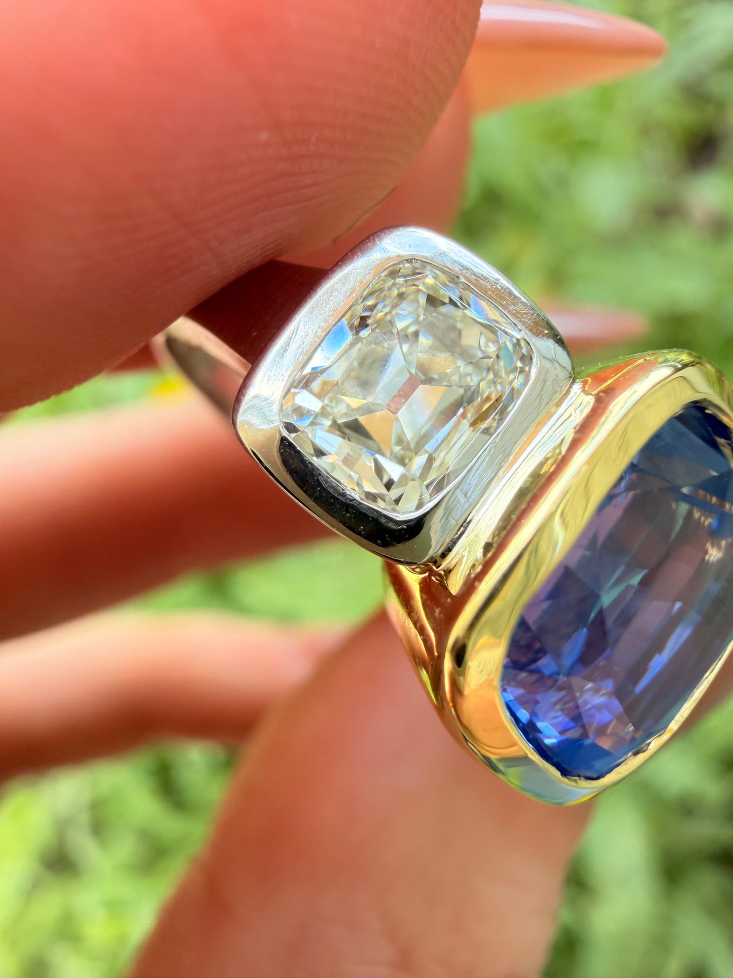 Vintage yellow 18K and platinum unheated over 5.6ctw GIA Ceylon Sapphire and 1.8ctw antique old mine cut cushion ring, size 7