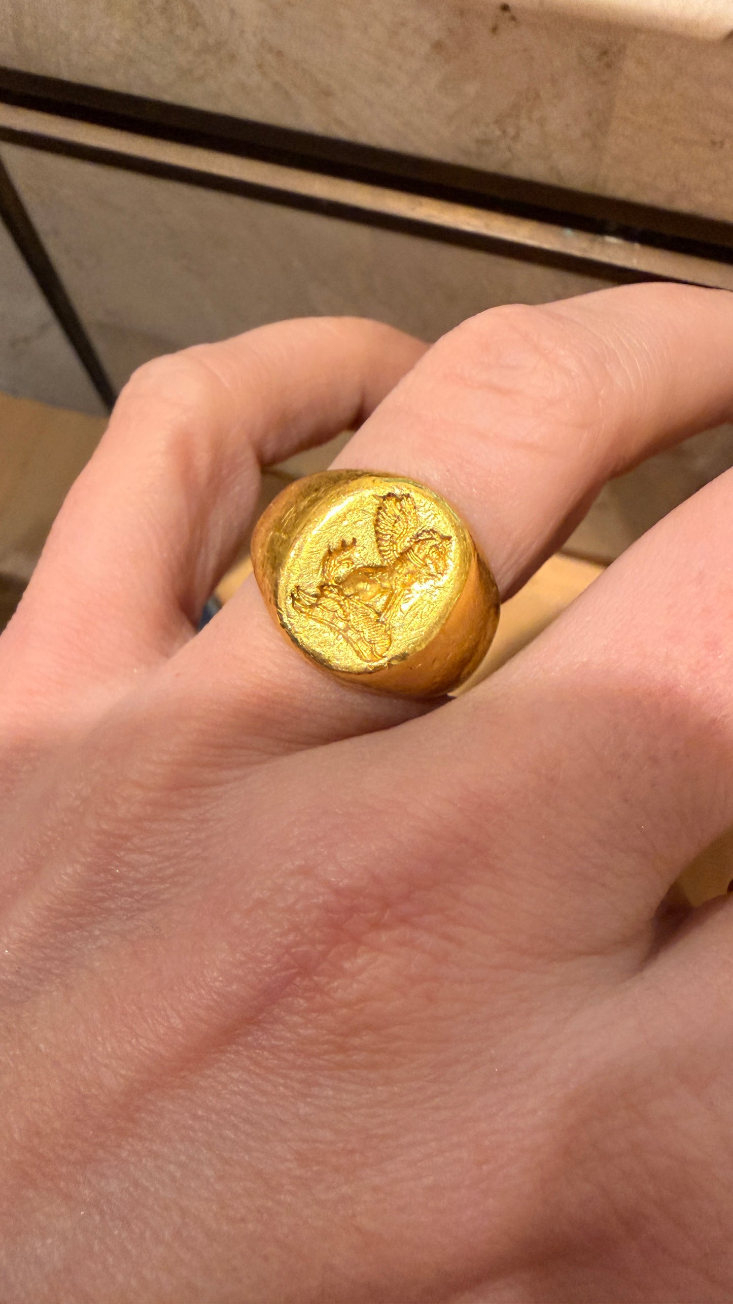 Vintage yellow 22K Griffin carved signet ring, size 6.25