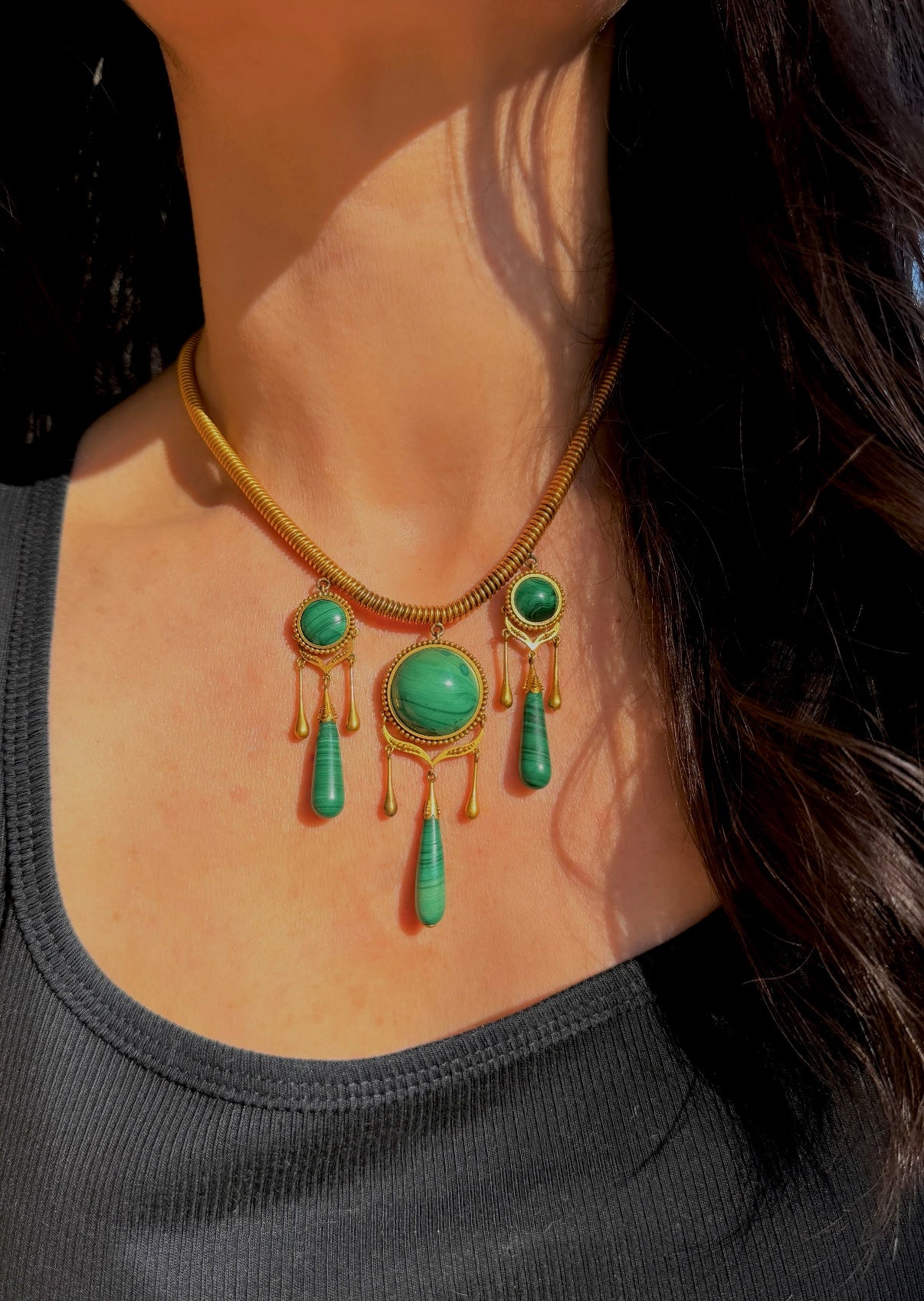Antique yellow 18K tubogas malachite drop necklace, 16 and 1/8 inch
