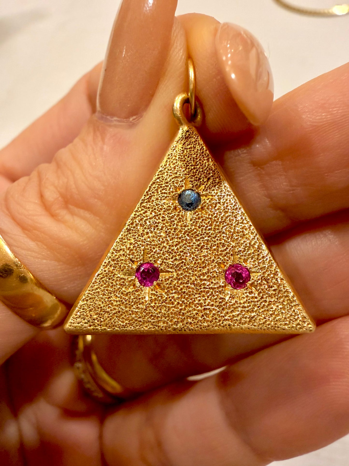 Vintage yellow 14K pyramid pendant with blue and pink stones