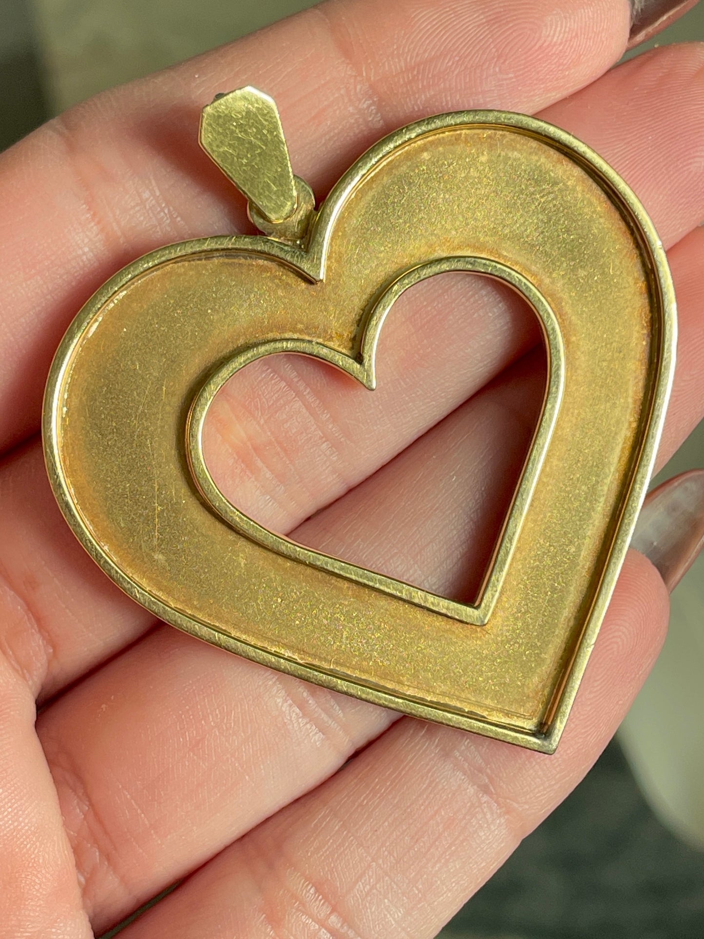 Vintage yellow 18K gold extra large open heart reversable statement pendant