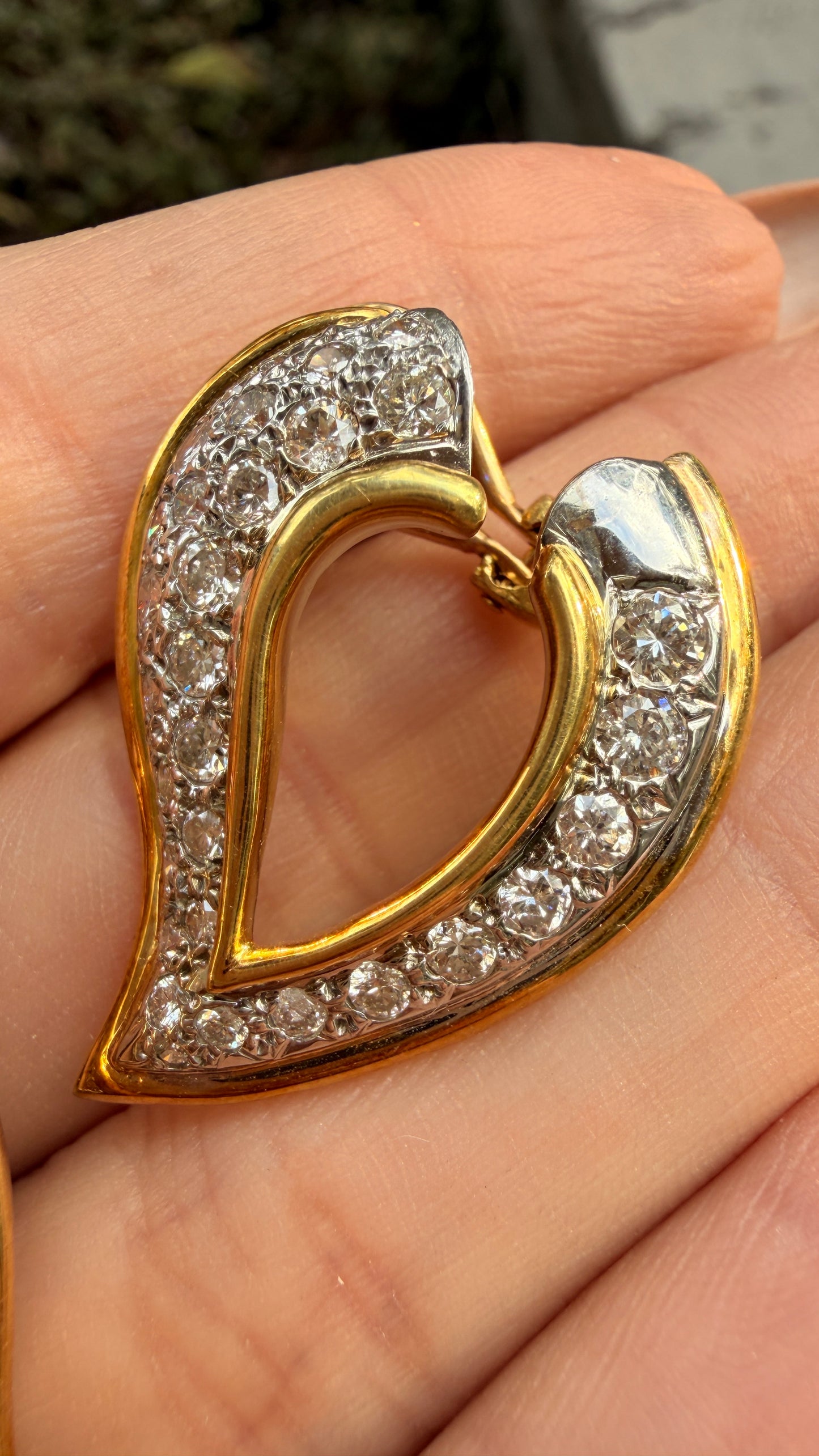 Vintage yellow and white 18K approx 2.4ctw diamond leaf-like heart omega back earrings