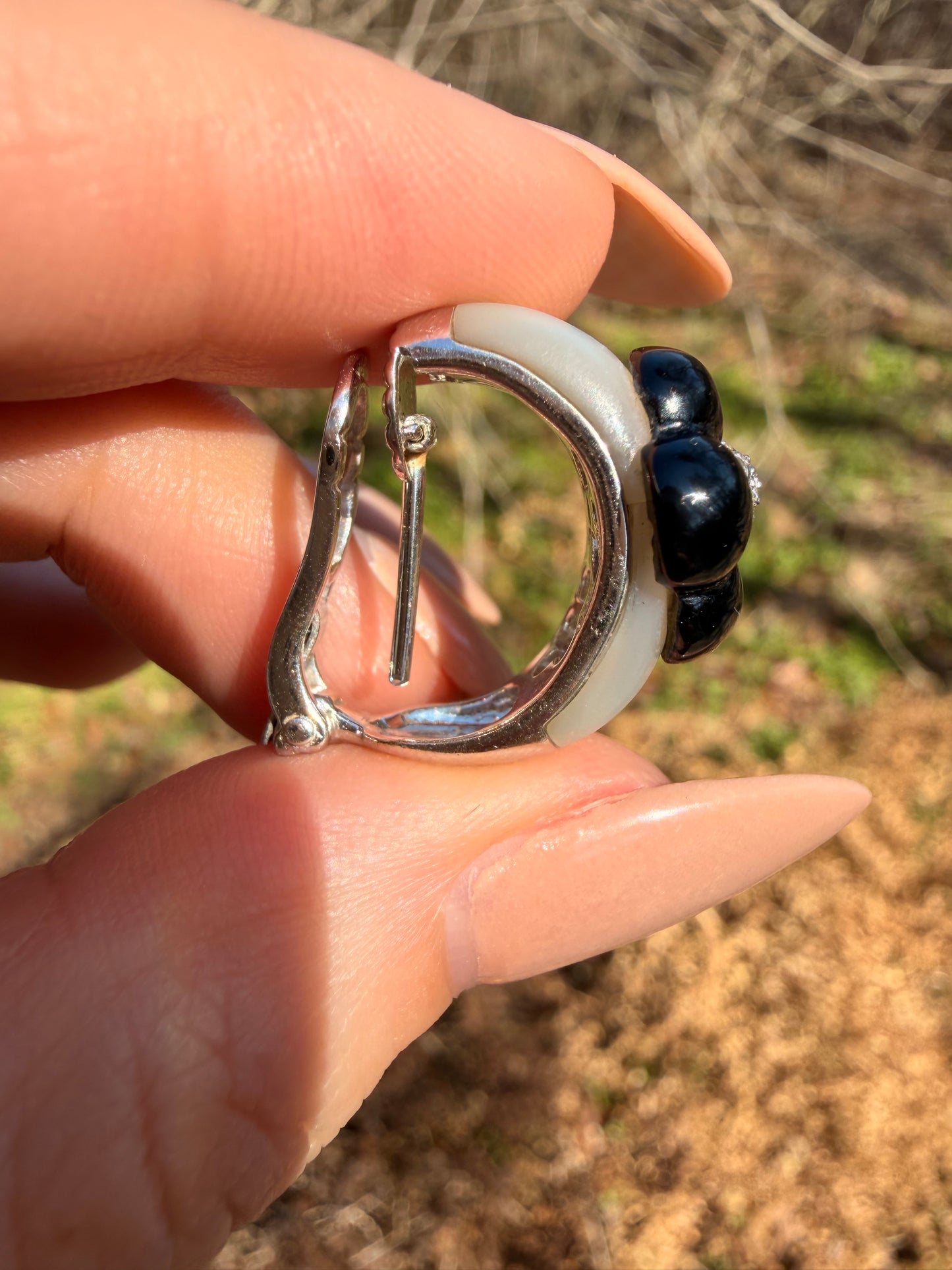 Vintage white 18K mother of pearl, diamond and onyx earrings