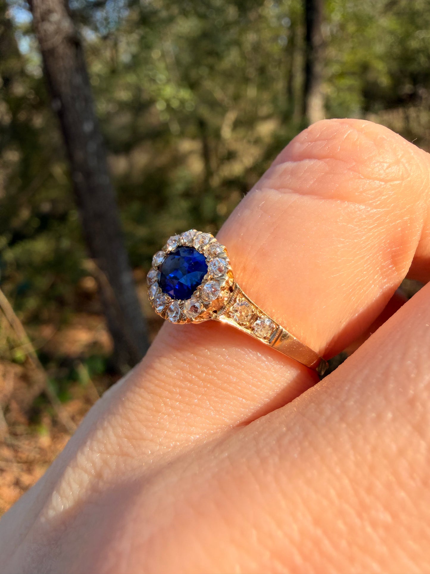 Antique yellow 14K unheated 1.05ctw royal blue sapphire and approx .38ctw diamond halo ring, size 7.25