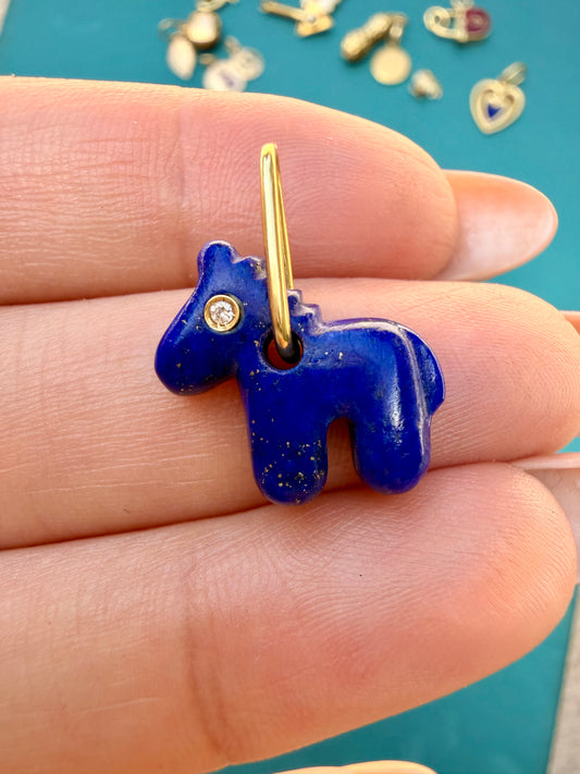 Vintage yellow 18K gold, lapis, and diamond horse charm
