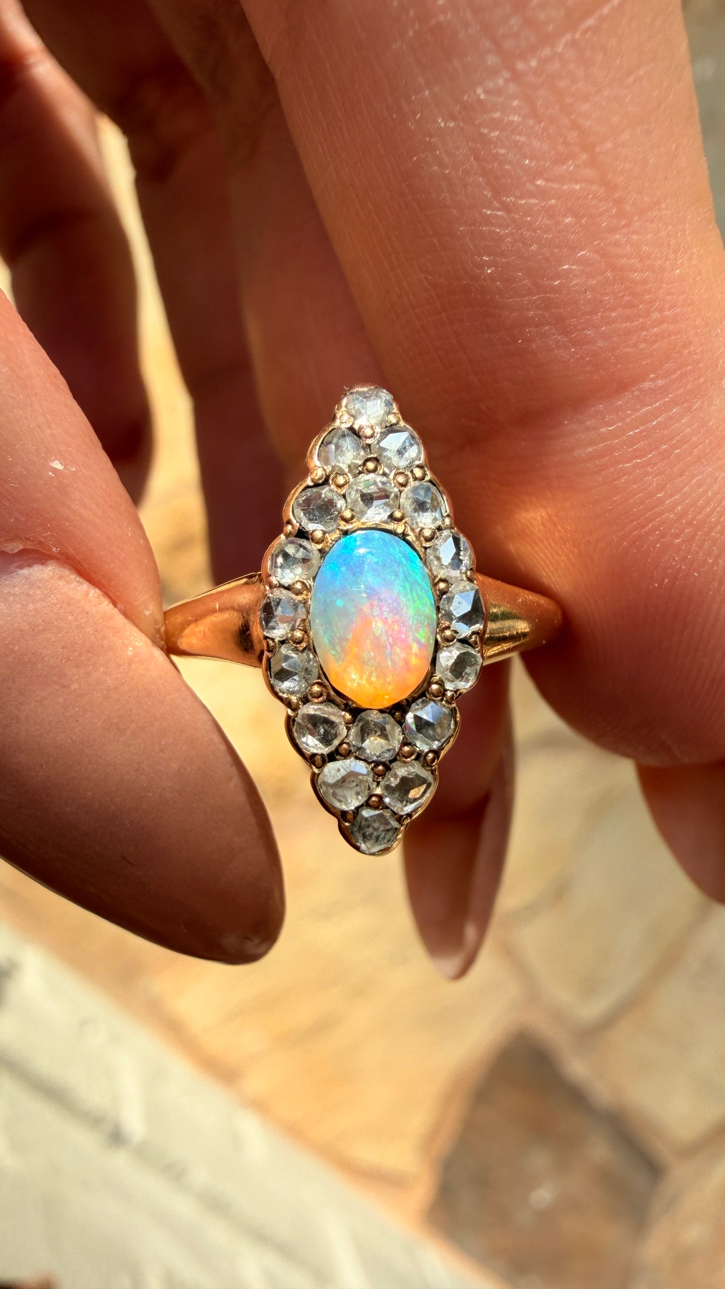Antique yellow 14K opal and approx .4ctw rose cut diamond navette ring, size 5