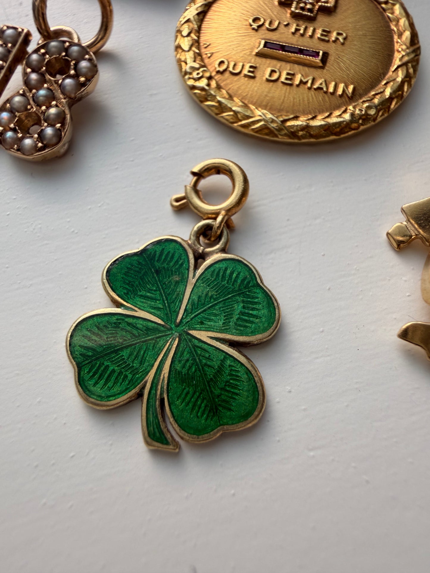 Vintage 14K gold and green enamel clover charm