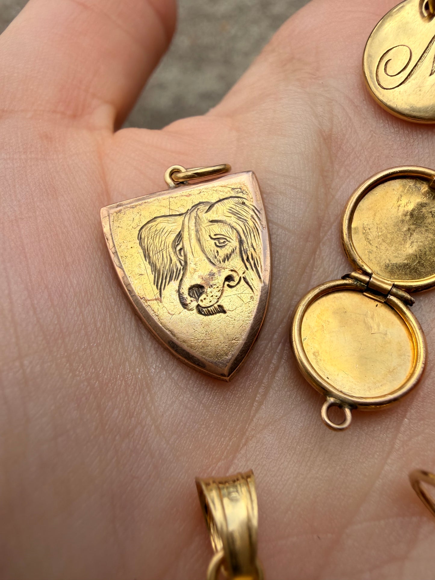 Antique yellow 14K hand engraved Dog on shield charm