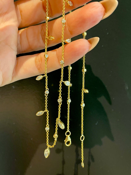 Vintage yellow 18K approx 2.77 ctw marquise and round cut bezel set diamond drop necklace, 25.5 inch adjusts to 24.5 inch