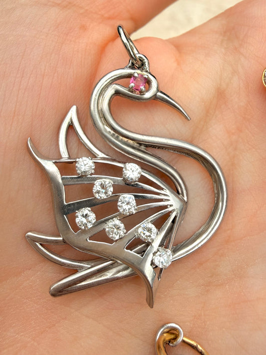 Vintage diamond and pink tourmaline swan statement pendant
