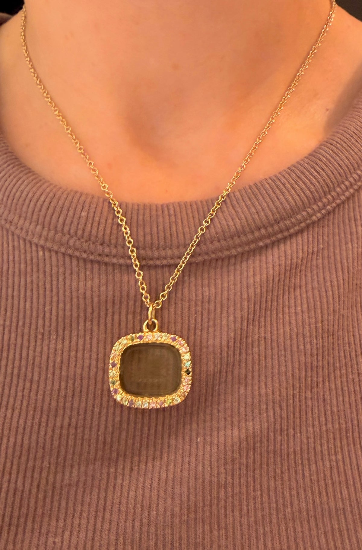 Antique 18K intaglio set in custom yellow 18K tourmaline border pendant by Bauble Magpie