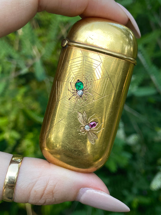 Antique 14K and 18K spider and fly engraved vesta with emerald, ruby and old mine cut diamonds