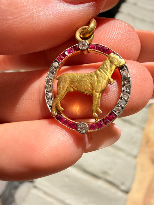 Antique 18K ruby, old mine cut and rose cut diamond dog charm